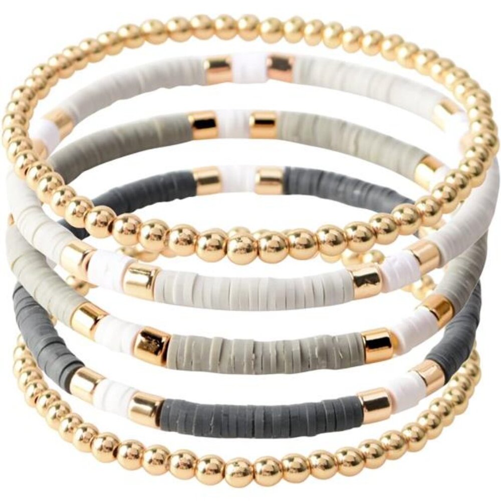 Surfer Heishi Clay Bead Bracelets for Women Bohemian Stackable Gold Black & Grey